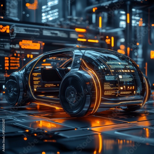 Futuristic Self Driving Car Concept in Neon Cityscape