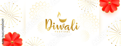 white golden happy diwali greeting white banner with floral decor