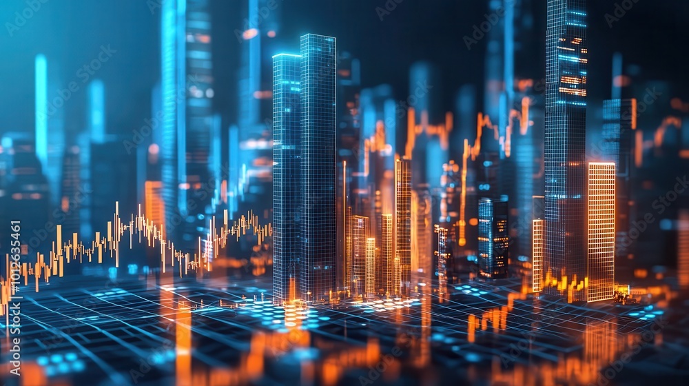 Obraz premium Futuristic digital cityscape, financial growth concept with skyscrapers, 3D illustration