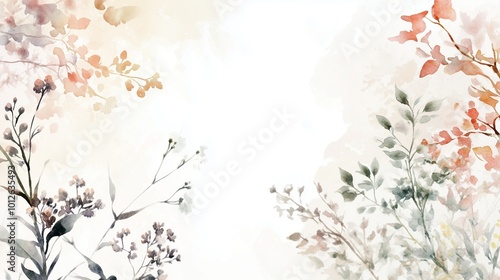 Simple and elegant abstract flowers, leaves and branches watercolor background, white background, banner. For card, invitation, web, social media, presentation, slide show, marketing, advertising.