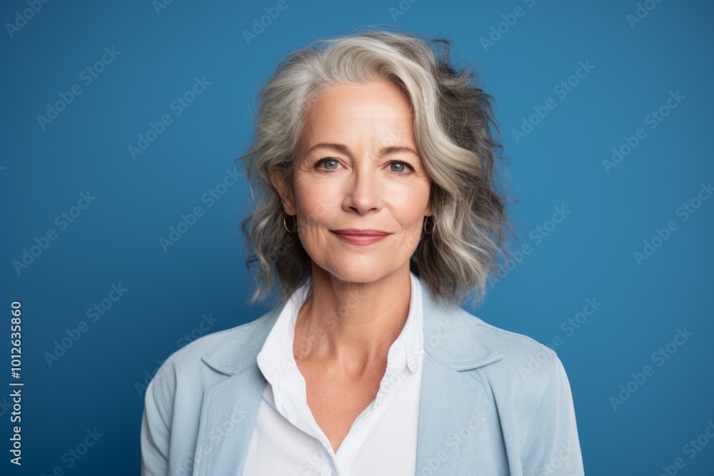 Portrait of smiling senior businesswoman with grey hair on blue background Portrait of smiling senior businesswoman with grey hair on blue background