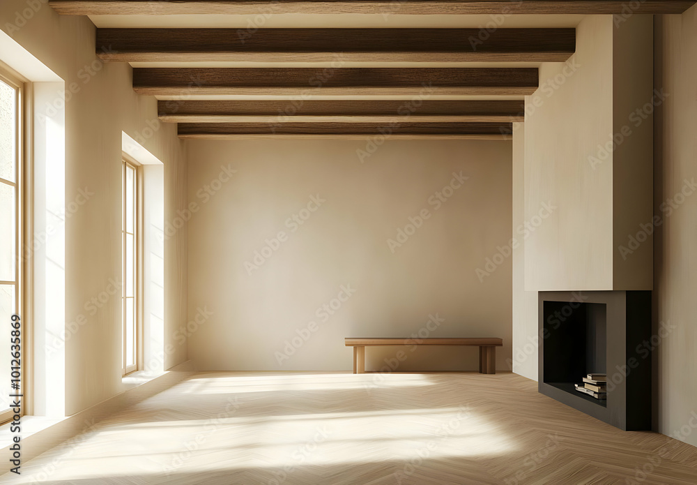 Fototapeta premium Modern Empty Room with Parquet Flooring and Fireplace