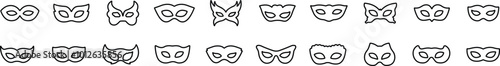 Set of line carnival masks silhouettes. Simple black icons of masquerade masks, for party, parade and carnival, for Mardi Gras and Halloween. Mask elements. Face mask