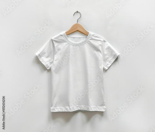 A white shirt hanging on a wooden hanger. The shirt is unbuttoned and has a collar photo