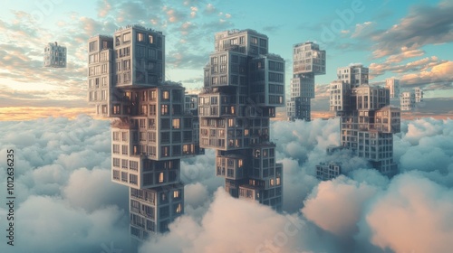 Urban landscape, surreal buildings floating above ground, dream-like theme, 3D illustration