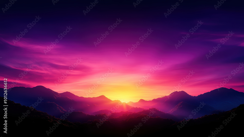 A beautiful sunset over a mountain range with a purple sky. The mountains are covered in trees and the sky is a deep purple color A beautiful sunset over a mountain range with a purple sky. The mountains are covered in trees and the sky is a deep purple color
