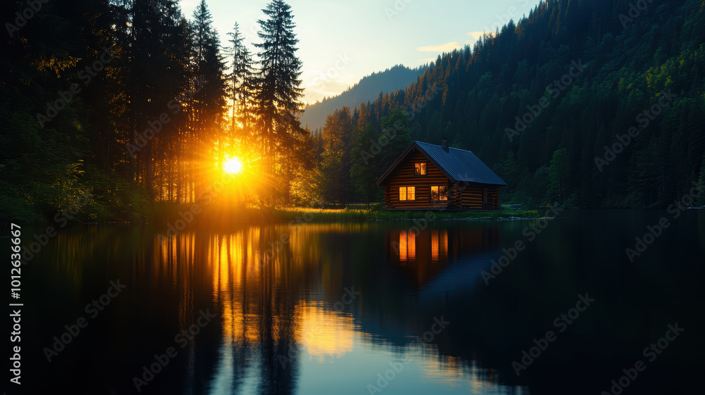 Fototapeta premium A cabin is sitting on a lake with the sun setting in the background. The cabin is surrounded by trees and the water is calm. The scene is peaceful and serene
