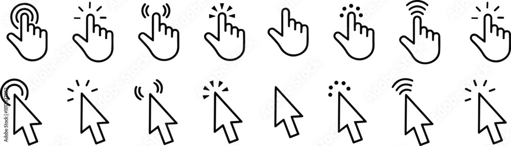 Computer line mouse click cursor arrow icons set and loading icons. Cursor icon. Vector illustration. Mouse click cursor collection.