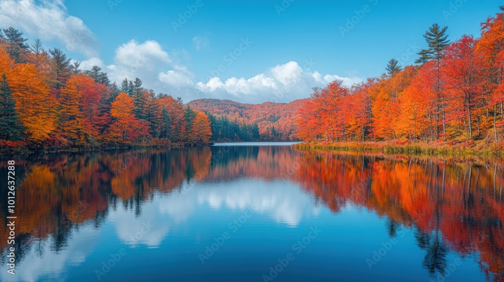 Calm lake reflecting the autumn foliage, captured from a distance, showcasing the beauty and tranquility of nature Calm lake reflecting the autumn foliage, captured from a distance, showcasing the beauty and tranquility of nature