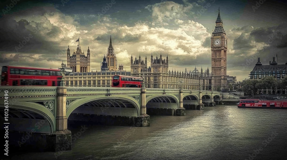 Naklejka premium A picturesque scene of Big Ben and the Houses of Parliament in London, with the River Thames flowing calmly and iconic red double-decker buses crossing the bridge.