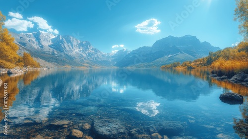 Calm lake surrounded by mountains, viewed from a panoramic perspective, highlighting the reflections in the water and the tranquility of the scene 