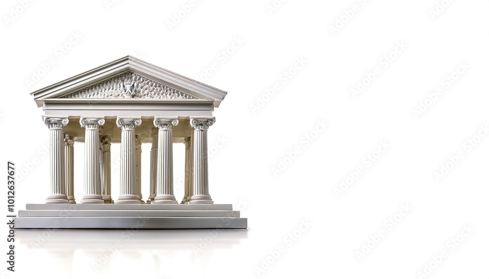 Fototapeta premium Toy model courthouse or court house, a structure which houses judicial functions for a governmental entity such as a state, region, province, county, regency, isolated on white with copy space