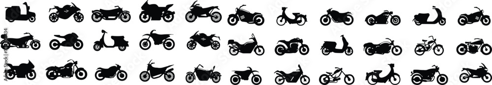 Fototapeta premium Motorbike set. Motor transport, motorcycle delivery, motor cycle for motocross, bicycle activity, engine. Modern vehicles, scooter, bikes and choppers. Vector illustration. Motor or heavy bike