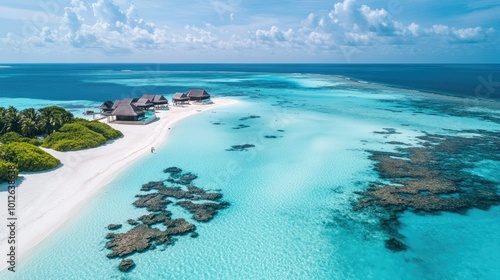 A serene beach scene in the Maldives, with crystal-clear turquoise waters, white sandy shores, and overwater bungalows under a bright, sunny sky, perfect for a tropical getaway. photo