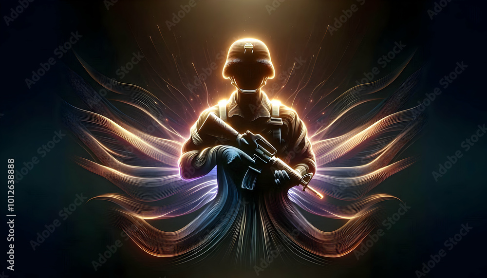 Fototapeta premium 3D Glowing silhouette of a soldier with abstract background concept as A powerful advertisement featuring the glowing silhouette of a soldier standing against an abstract colorful background. The digi