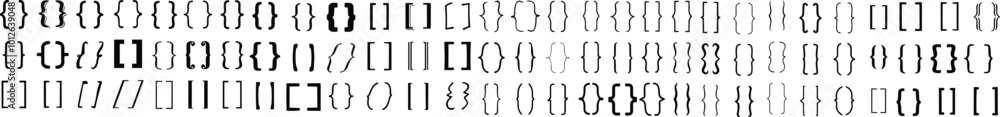 Set of braces or curly brackets icon. Small and square bracket or braket collection. Text brackets collection for messages, quotas. Oval, retro parentheses and punctuation shapes. Set of braces or curly brackets icon. Small and square bracket or braket collection. Text brackets collection for messages, quotas. Oval, retro parentheses and punctuation shapes.