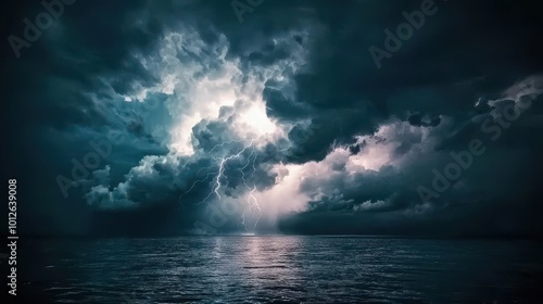 Powerful thunderstorm over an open ocean, dramatic lightning strikes