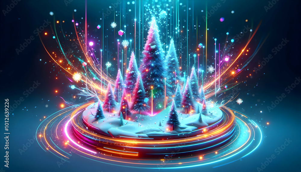 3D Glowing Winter Forest Scene with Radiant Digital Snowfall for Holiday Promotions - Futuristic Vibrant Neon Elements and Wide Angle Focus 3D Glowing Winter Forest Scene with Radiant Digital Snowfall for Holiday Promotions - Futuristic Vibrant Neon Elements and Wide Angle Focus
