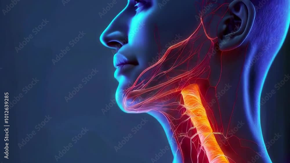 Anatomical illustration highlighting the human neck and spinal structure in vibrant colors. Anatomical illustration highlighting the human neck and spinal structure in vibrant colors.