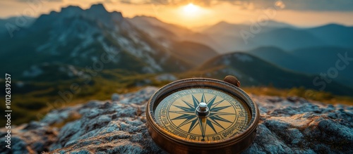 Compass on Mountaintop at Sunset