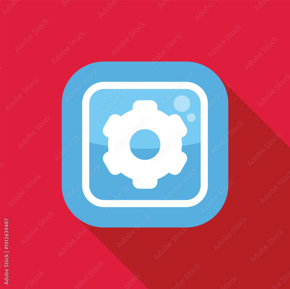 Blue rounded square app icon with a white cogwheel symbol on a red background, depicting concepts such as technology and settings Blue rounded square app icon with a white cogwheel symbol on a red background, depicting concepts such as technology and settings