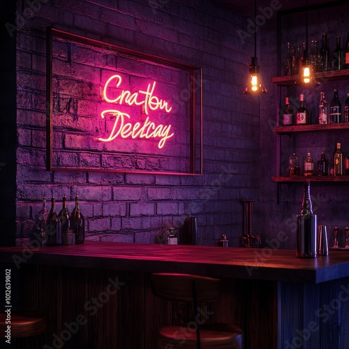 Neon Sign Cocktail Bar Interior Design Brick Wall Nighttime