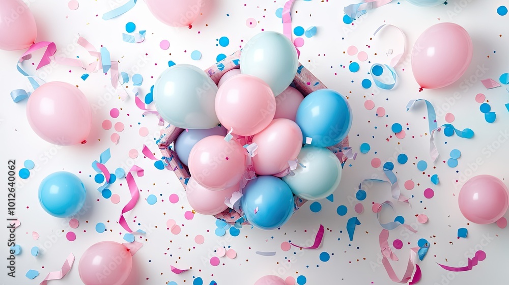 A top-down view of an opened gift box filled with balloons in pink and blue tones, surrounded by scattered confetti and streamers, set on a clean white background. A top-down view of an opened gift box filled with balloons in pink and blue tones, surrounded by scattered confetti and streamers, set on a clean white background.