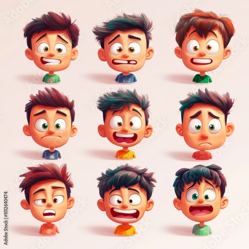 Cartoon Boy Character with Diverse Expressions for Animation and Design