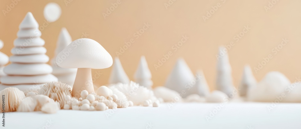 A serene landscape featuring a whimsical mushroom and soft, abstract shapes, creating a calm and dreamy atmosphere. A serene landscape featuring a whimsical mushroom and soft, abstract shapes, creating a calm and dreamy atmosphere.