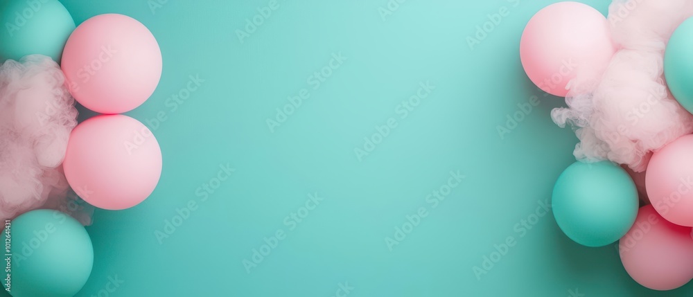 A vibrant backdrop featuring pastel balloons in pink and teal with whimsical cloud-like elements, perfect for celebrations. A vibrant backdrop featuring pastel balloons in pink and teal with whimsical cloud-like elements, perfect for celebrations.