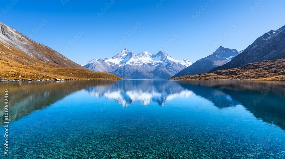 Naklejka premium A stunning alpine lake reflecting jagged snow-capped peaks under a clear blue sky. The tranquil atmosphere invites peace. Real Beauty Landscape Concept