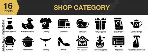 Shop Category solid icon set. Includes appliance, beauty care, clothing, electronic, furniture, and More. Solid icons vector collection.