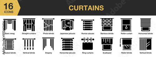 Curtains solid icon set. Includes bamboo, basic swag, drapery, horizontal blinds, jalousie, and More. Solid icons vector collection.