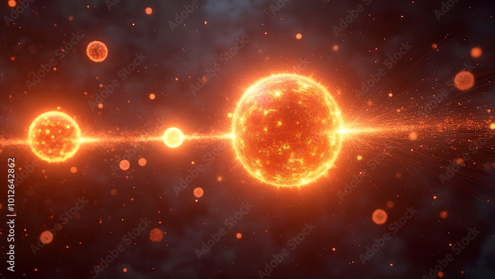Glowing plasma spheres representing nuclear fusion reactions with energy bursts and particle collisions Glowing plasma spheres representing nuclear fusion reactions with energy bursts and particle collisions
