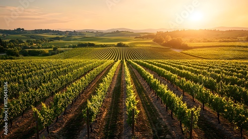 Lush grapevines in neat rows under a golden sunset. The expansive fields evoke tranquility and natural beauty, highlighting vibrant greens. Real Beauty Landscape Concept