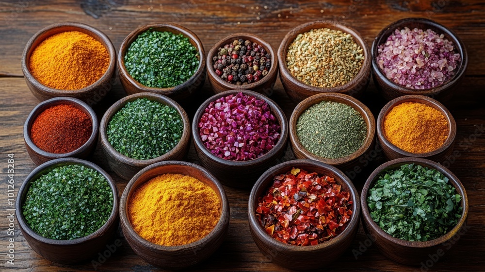 Colorful spices arranged in bowls on a wooden table, shot from an overhead angle, highlighting the diversity and vibrancy Colorful spices arranged in bowls on a wooden table, shot from an overhead angle, highlighting the diversity and vibrancy