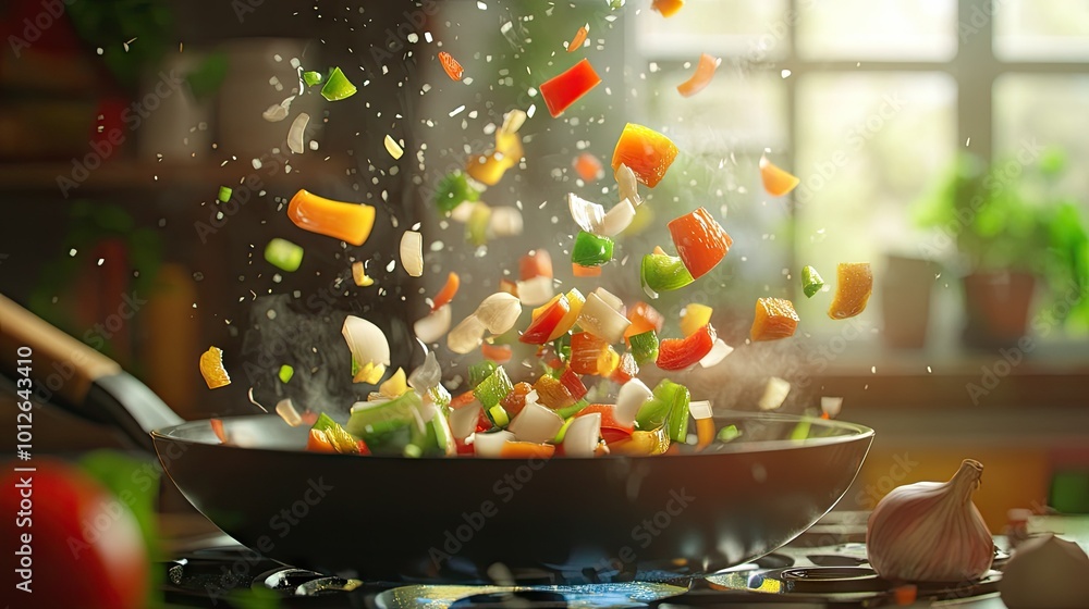 Sizzling ingredients, including diced onions, bell peppers, and garlic, floating above a frying pan, with a vibrant kitchen scene in soft focus behind. Sizzling ingredients, including diced onions, bell peppers, and garlic, floating above a frying pan, with a vibrant kitchen scene in soft focus behind.