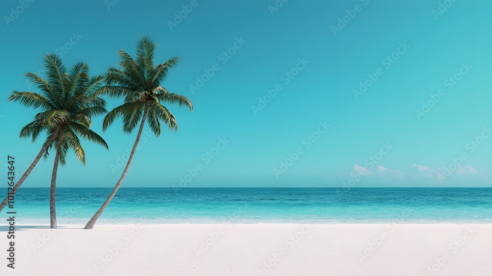 Obraz premium A tropical beach scene featuring two swaying palm trees, crystal-clear turquoise water, sandy shore and bright sky creating a calm, serene atmosphere. Real Beauty Landscape Concept