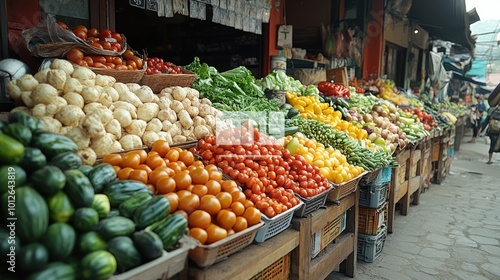 Colorful street market with fresh produce, shot from a low angle, highlighting the vibrancy and diversity 