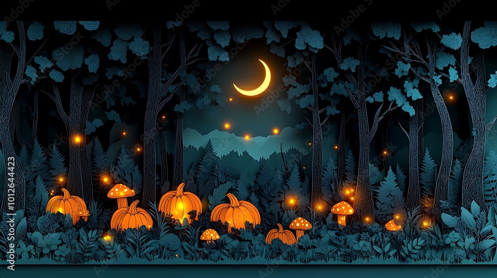An enchanted forest with pumpkins and glowing mushrooms scattered on the forest floor, paper-cut style, crescent moon glowing in the sky, fireflies drifting among the trees, soft glowing light, An enchanted forest with pumpkins and glowing mushrooms scattered on the forest floor, paper-cut style, crescent moon glowing in the sky, fireflies drifting among the trees, soft glowing light,