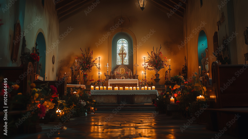 Fototapeta premium night scene in Toussaint, the old church is lit by candles inside, the congregation prays fervently while placing flowers on the altar, Ai generated images