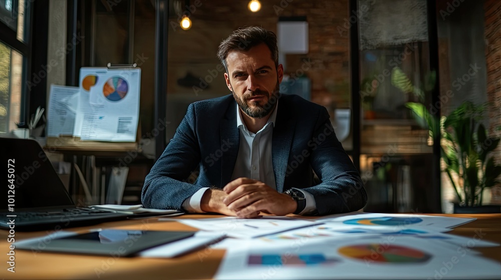 Businessman seated at a desk with a focused expression, analyzing sales performance charts and documents for strategic growth planning. Copy space available.