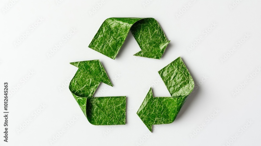 Close-up of a bright green recycle symbol centered on a pristine white backdrop, perfect for showcasing eco-friendly initiatives, with generous space for captions or branding. Close-up of a bright green recycle symbol centered on a pristine white backdrop, perfect for showcasing eco-friendly initiatives, with generous space for captions or branding.