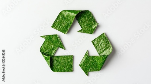 Close-up of a bright green recycle symbol centered on a pristine white backdrop, perfect for showcasing eco-friendly initiatives, with generous space for captions or branding.