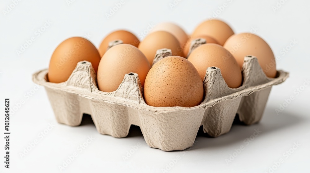 Fresh brown eggs in a cardboard carton on white background Fresh brown eggs in a cardboard carton on white background