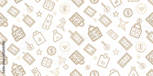 Minimalist seamless tile pattern with currency symbols and discount tags concept as A seamless minimalist tile pattern featuring clean and simple currency symbols intertwined with discount tags. The d