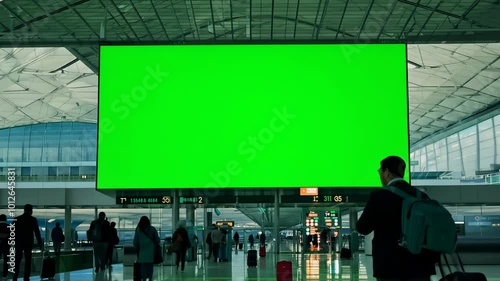 A large green screen billboard in a bustling airport terminal, perfect for digital advertisements, flight information, or public announcements.

