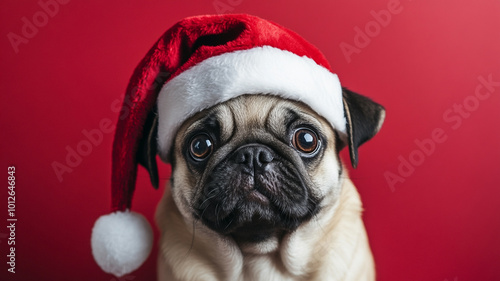 A pug wearing a Santa hat against a bright red background on Christmas Day