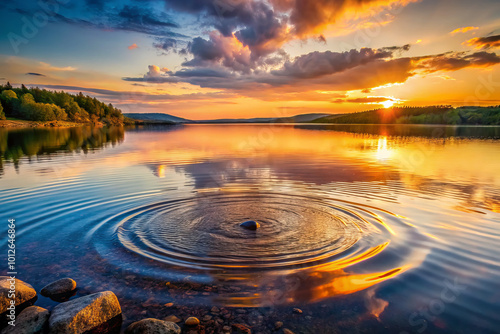 serene sunset over calm lake, with ripples forming from pebbles bounce on waters surface. vibrant colors reflect beautifully, creating peaceful atmosphere