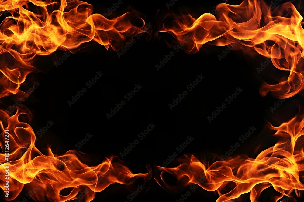 Vibrant fire flames border on black background creating copy space for ...